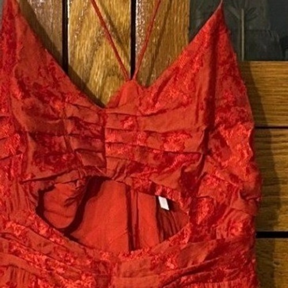 Boho Chic Free People Red Floral Jacquard High-Low Maxi Dress Cutout Festival 2 - Picture 10 of 16